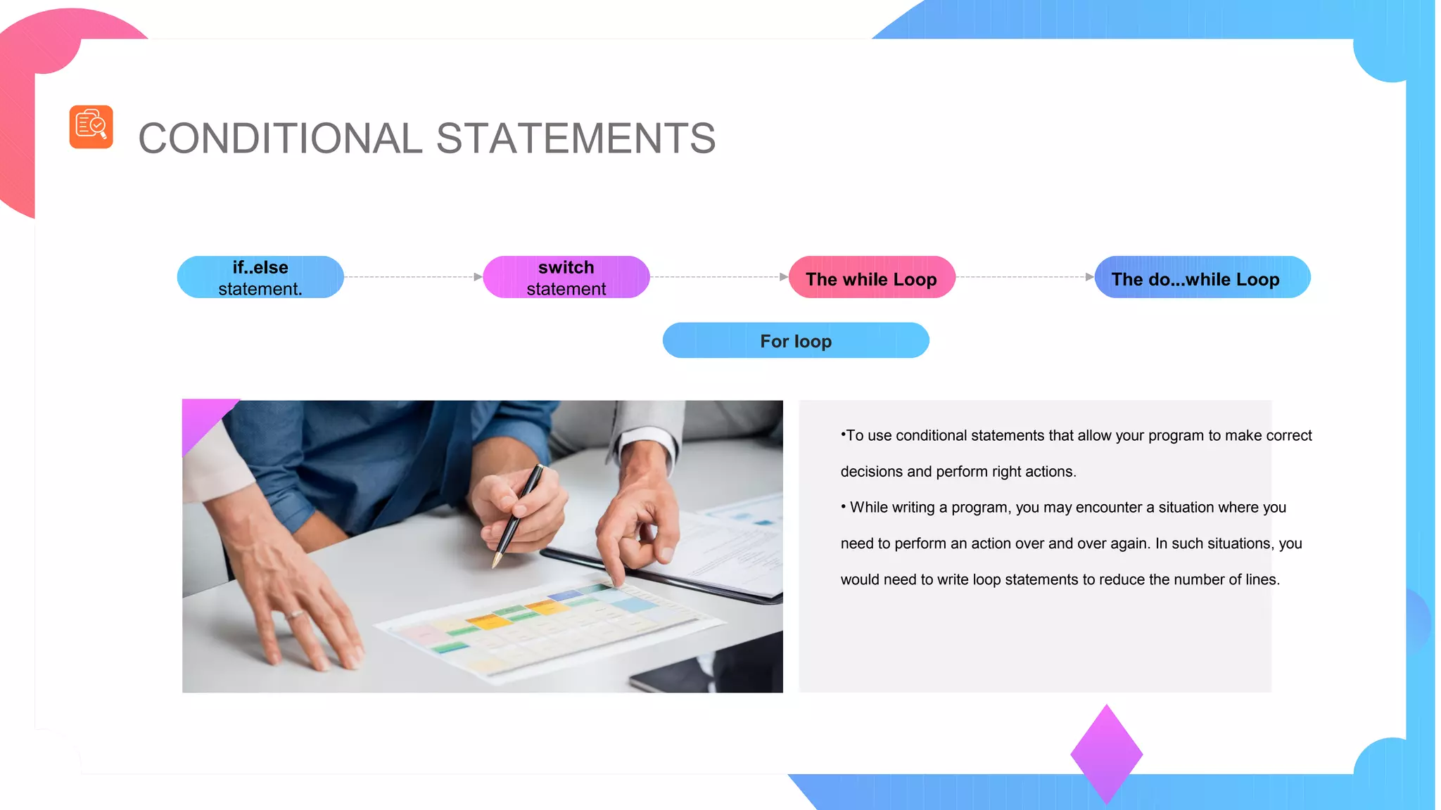 CONDITIONAL STATEMENTS
For loop
if..else
statement.
switch
statement
The while Loop The do...while Loop
•To use conditional statements that allow your program to make correct
decisions and perform right actions.
• While writing a program, you may encounter a situation where you
need to perform an action over and over again. In such situations, you
would need to write loop statements to reduce the number of lines.
 