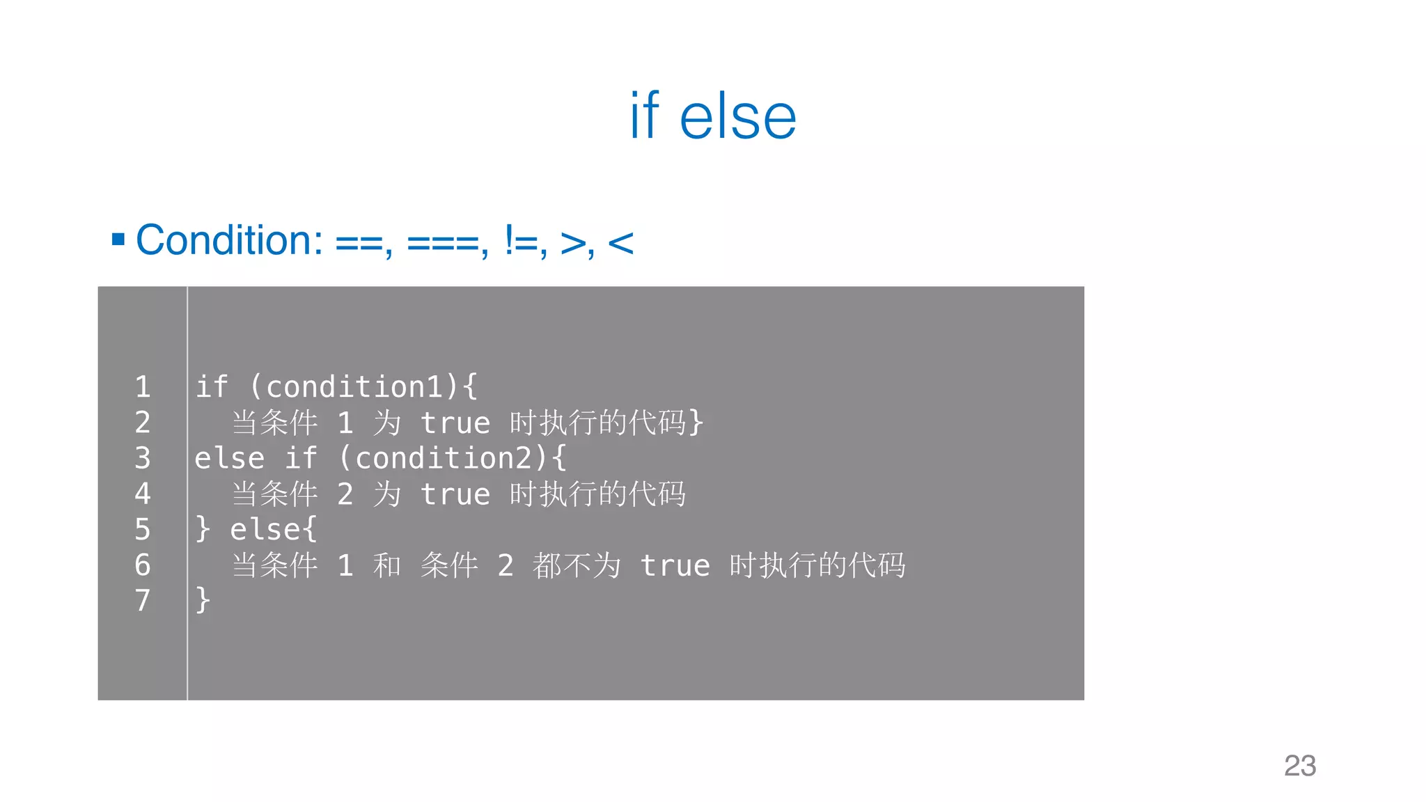 if else § Condition: ==, ===, !=, >, < 23 1 2 3 4 5 6 7 if (condition1){ 当条件 1 为 true 时执行的代码} else if (condition2){ 当条件 2 为 true 时执行的代码 } else{ 当条件 1 和 条件 2 都不为 true 时执行的代码 } 