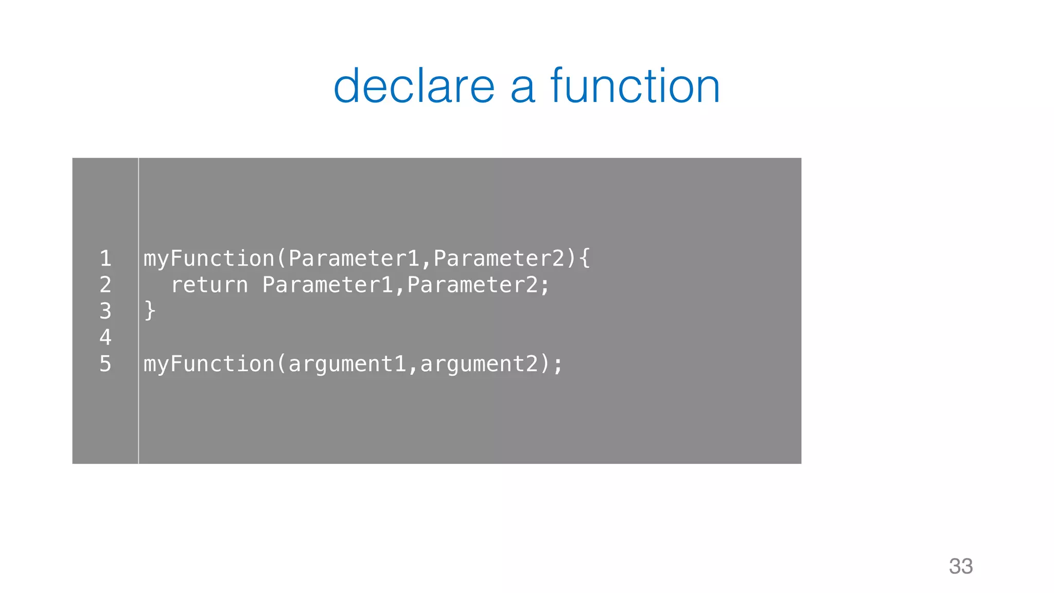 declare a function 33 1 2 3 4 5 myFunction(Parameter1,Parameter2){ return Parameter1,Parameter2; } myFunction(argument1,argument2); 