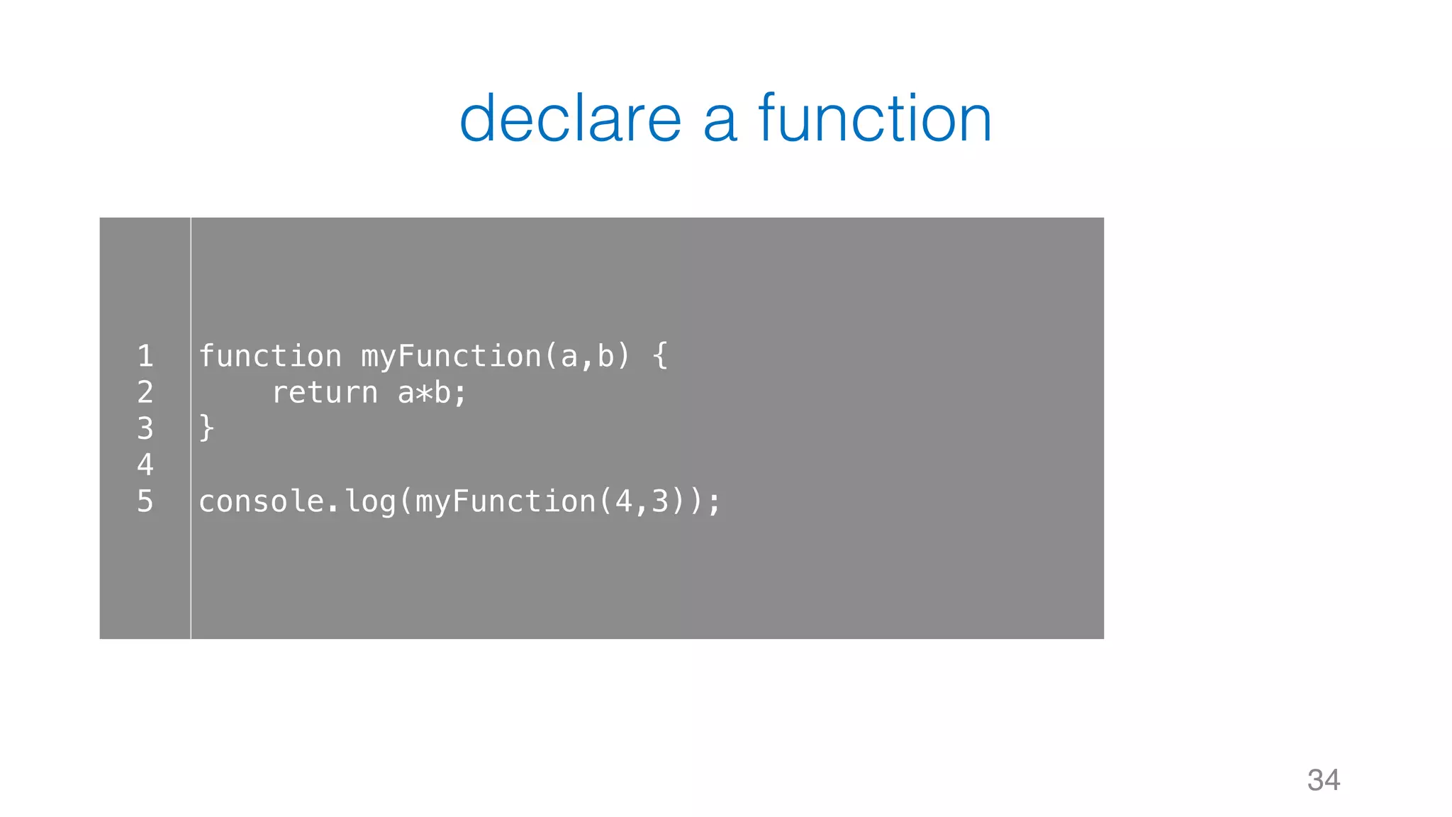 declare a function 34 1 2 3 4 5 function myFunction(a,b) { return a*b; } console.log(myFunction(4,3)); 