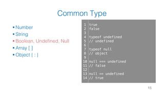 Common Type
§ Number
§ String
§ Boolean, Undefined, Null
§ Array [ ]
§ Object { : }
15
1
2
3
4
5
6
7
8
9
10
11
12
13
14
true
false
typeof undefined
// undefined
typeof null
// object
null === undefined
// false
null == undefined
// true
 