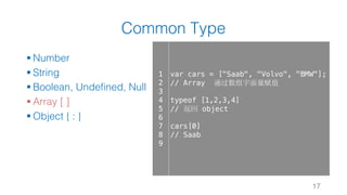 Common Type
§ Number
§ String
§ Boolean, Undefined, Null
§ Array [ ]
§ Object { : }
17
1
2
3
4
5
6
7
8
9
var cars = ["Saab", "Volvo", "BMW"];
// Array 通过数组字面量赋值
typeof [1,2,3,4]
// 返回 object
cars[0]
// Saab
 