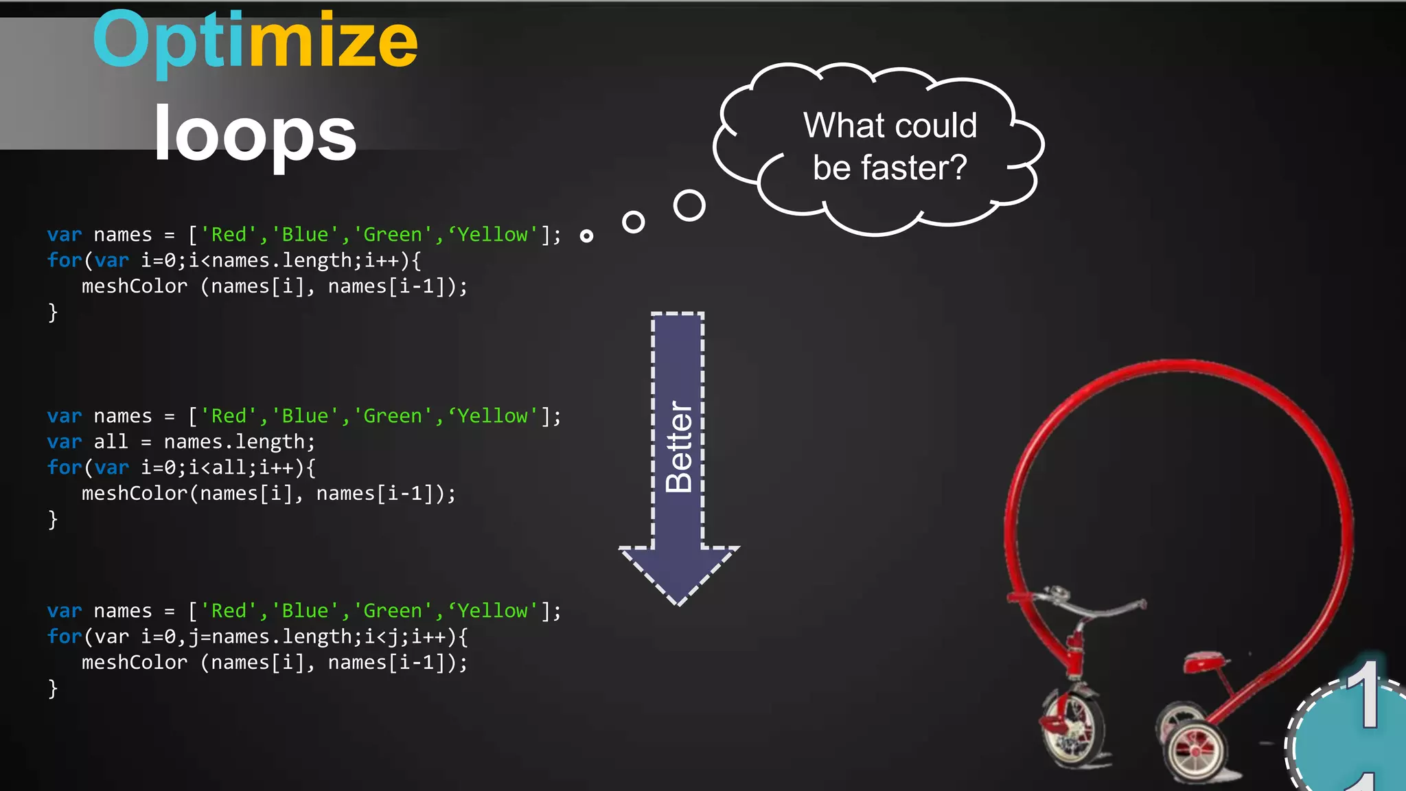 Optimize
    loops                                               What could
                                                        be faster?
var names = ['Red','Blue','Green',‘Yellow'];
for(var i=0;i<names.length;i++){
   meshColor (names[i], names[i-1]);
}




                                               Better
var names = ['Red','Blue','Green',‘Yellow'];
var all = names.length;
for(var i=0;i<all;i++){
   meshColor(names[i], names[i-1]);
}



var names = ['Red','Blue','Green',‘Yellow'];
for(var i=0,j=names.length;i<j;i++){
   meshColor (names[i], names[i-1]);
}
 