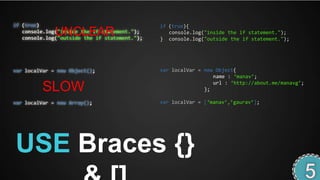 if (true)                                      if (true){
              UNCLEAR
   console.log("inside the if statement.");
   console.log("outside the if statement.");
                                                  console.log("inside the if statement.");
                                               } console.log("outside the if statement.");




var localVar = new Object();                   var localVar = new Object{
                                                                 name : ‘manav’;
                                                                 url : ‘http://about.me/manavg’;
         SLOW                                                 };

var localVar = new Array();                    var localVar = [‘manav’,’gaurav’];




USE Braces {}
 