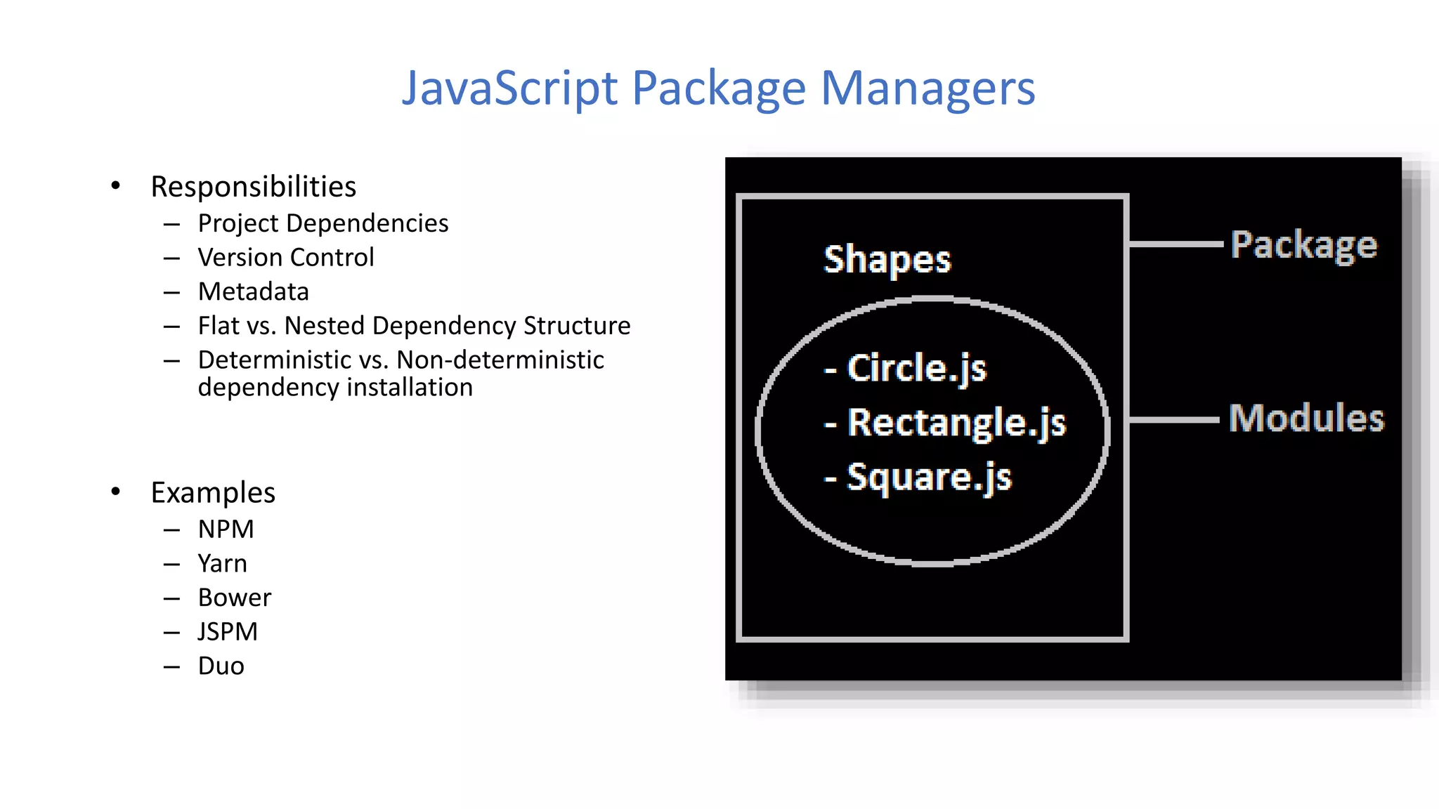 JavaScript Package Managers
• Responsibilities
– Project Dependencies
– Version Control
– Metadata
– Flat vs. Nested Dependency Structure
– Deterministic vs. Non-deterministic
dependency installation
• Examples
– NPM
– Yarn
– Bower
– JSPM
– Duo
 
