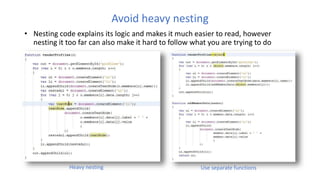 Avoid heavy nesting
• Nesting code explains its logic and makes it much easier to read, however
nesting it too far can also make it hard to follow what you are trying to do
Heavy nesting Use separate functions
 