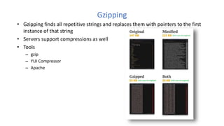 Gzipping
• Gzipping finds all repetitive strings and replaces them with pointers to the first
instance of that string
• Servers support compressions as well
• Tools
– gzip
– YUI Compressor
– Apache
 