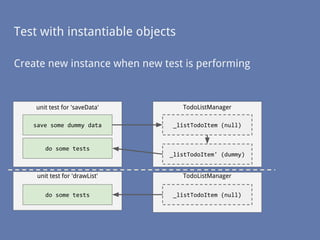 Test with instantiable objects
Create new instance when new test is performing
unit test for 'saveData'
save some dummy data
TodoListManager
do some tests
_listTodoItem (null)
_listTodoItem' (dummy)
unit test for 'drawList'
do some tests
TodoListManager
_listTodoItem (null)
 