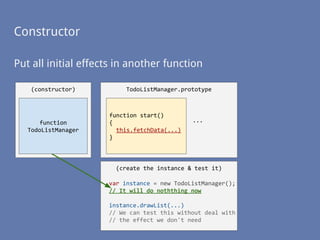 Constructor
(constructor)
function
TodoListManager
Put all initial effects in another function
TodoListManager.prototype
function start()
{
this.fetchData(...)
}
...
(create the instance & test it)
var instance = new TodoListManager();
// It will do noththing now
instance.drawList(...)
// We can test this without deal with
// the effect we don't need
 