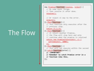 new Promise(function(resolve, reject) {
// Do some async things.
// Then resolve it after done.
resolve();
// Or reject it due to the error.
reject();
}).then(function() {
// This function only executes after the
// previous step.
return [1,2,3];
}).then(function() {
// If return another Promise,
// the flow will stop here and only
// continue when the promise is resolved
return new Promise(function(r, c) {
setTimeout(r, 1000);
});
}).then(function() {
// This will not execute within the second
}).catch(function(error) {
// !IMPORTANT!
// Remember to catch Promise error in a
// function like this.
});
The Flow
 