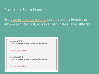 Promise + Event Handler
Every asynchronous method should return a Promise to
allow we concating it, so we can eliminate all the callbacks
saveData() {
var promise = new Promise(function() {
...
};
return promise;
}
fetchData() {
var promise = new Promise(function() {
...
};
return promise;
}
 