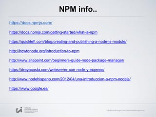 NPM info..
https://docs.npmjs.com/
https://docs.npmjs.com/getting-started/what-is-npm
https://quickleft.com/blog/creating-and-publishing-a-node-js-module/
http://howtonode.org/introduction-to-npm
http://www.sitepoint.com/beginners-guide-node-package-manager/
https://dreyacosta.com/webserver-con-node-y-express/
http://www.nodehispano.com/2012/04/una-introduccion-a-npm-nodejs/
https://www.google.es/
 