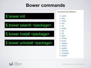 Bower commands
$ bower init
$ bower search <package>
$ bower install <package>
$ bower uninstall <package>
 