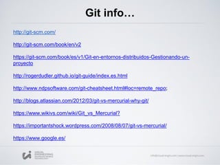 Git info…
http://git-scm.com/
http://git-scm.com/book/en/v2
https://git-scm.com/book/es/v1/Git-en-entornos-distribuidos-Gestionando-un-
proyecto
http://rogerdudler.github.io/git-guide/index.es.html
http://www.ndpsoftware.com/git-cheatsheet.html#loc=remote_repo;
http://blogs.atlassian.com/2012/03/git-vs-mercurial-why-git/
https://www.wikivs.com/wiki/Git_vs_Mercurial?
https://importantshock.wordpress.com/2008/08/07/git-vs-mercurial/
https://www.google.es/
 