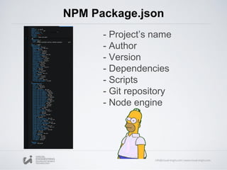 - Project’s name
- Author
- Version
- Dependencies
- Scripts
- Git repository
- Node engine
NPM Package.json
 