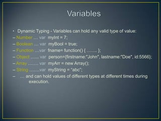 • Dynamic Typing - Variables can hold any valid type of value:
– Number … var myInt = 7;
– Boolean … var myBool = true;
– Function …var fname= function() { ……. };
– Object …... var person={firstname:"John", lastname:"Doe", id:5566};
– Array ……. var myArr = new Array();
– String …….var myString = ―abc‖;
– … and can hold values of different types at different times during
         execution.
 