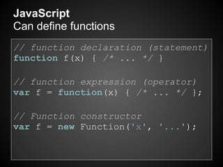JavaScript
Can define functions
// function declaration (statement)
function f(x) { /* ... */ }

// function expression (operator)
var f = function(x) { /* ... */ };

// Function constructor
var f = new Function('x', '...');
 
