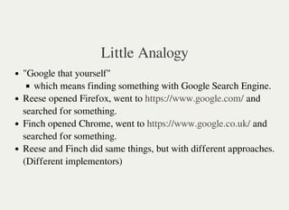 Little Analogy
"Google that yourself"
which means finding something with Google Search Engine.
Reese opened Firefox, went to and
searched for something.
Finch opened Chrome, went to and
searched for something.
Reese and Finch did same things, but with different approaches.
(Different implementors)
https://www.google.com/
https://www.google.co.uk/
 