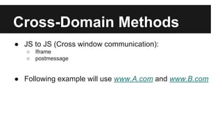 Cross-Domain Methods
● JS to JS (Cross window communication):
○ Iframe
○ postmessage
● Following example will use www.A.com and www.B.com
 