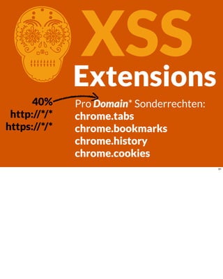 CXSSExtensions
Pro Domain* Sonderrechten:
chrome.tabs
chrome.bookmarks
chrome.history
chrome.cookies
40%
http://*/*
https://*/*
91
 