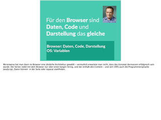 Browser:  Daten,  Code,  Darstellung  
OS:  Variablen  
Für  den  Browser  sind  
Daten,  Code  und  
Darstellung  das  gleiche
Wirrerweise hat man dann im Browser eine ähnliche Architektur gewählt - vermutlich erwartete man nicht, dass das Konzept dermassen erfolgreich sein
würde. Der Server redet mit dem Browser nur über einen langen String, und der enthält den Content - und seit 1995 auch die Programmiersprache
JavaScript. Daten können in der Seite oder separat stattﬁnden.
 