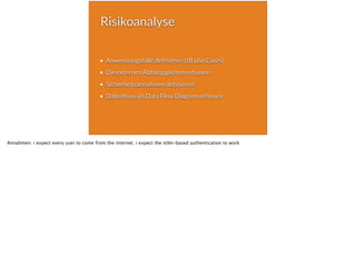 Risikoanalyse
Anwendungsfälle definieren (zB Use Cases)
Die externen Abhängigkeiten erfassen
Sicherheitsannahmen definieren
Datenfluss als Data Flow Diagram erfassen
Annahmen: i expect every user to come from the internet. i expect the ntlm-based authentication to work
 