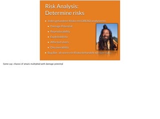 Risk Analysis:
Determine risks
Jedes gefundene Risiko mit DREAD analysieren
Damage Potential
Reproducability
Exploitablitity
Affected Users
Discoverability
Bug Bar: ab wann ein Risiko behandelt werden muss
Some say: chance of attack multiplied with damage potential
 
