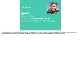 Das  bin  ich: 
@jowe  
Johannes  Weber  
Entwickelt  bei  Mayﬂower  GmbH  
JS,  PHP,  ANGULAR,  SPA,  MPA,  MigraPons
Ich bin Johannes, und auch bei Mayﬂower. Momentan steht die Migrationen von SPA und MPA an der Tagesordnung. Das Frontend mag ich hierbei am
liebsten. Mitsamt allen möglichen Raffinessen vom ersten UX Entwurf, der Deployment Pipeline bis zum Critical Rendering Path.
 