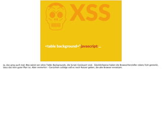 KXSS
<table  background=“javascript:...
Ja, das ging auch mal. Was wären wir ohne Table-Backgrounds, die Script-Gesteuert sind. Glücklichweise haben die Browserhersteller relativ früh gemerkt,
dass das kein guter Plan ist. Aber immerhin - Gerüchten zufolge soll es noch Nutzer geben, die alte Browser einsetzen.
 