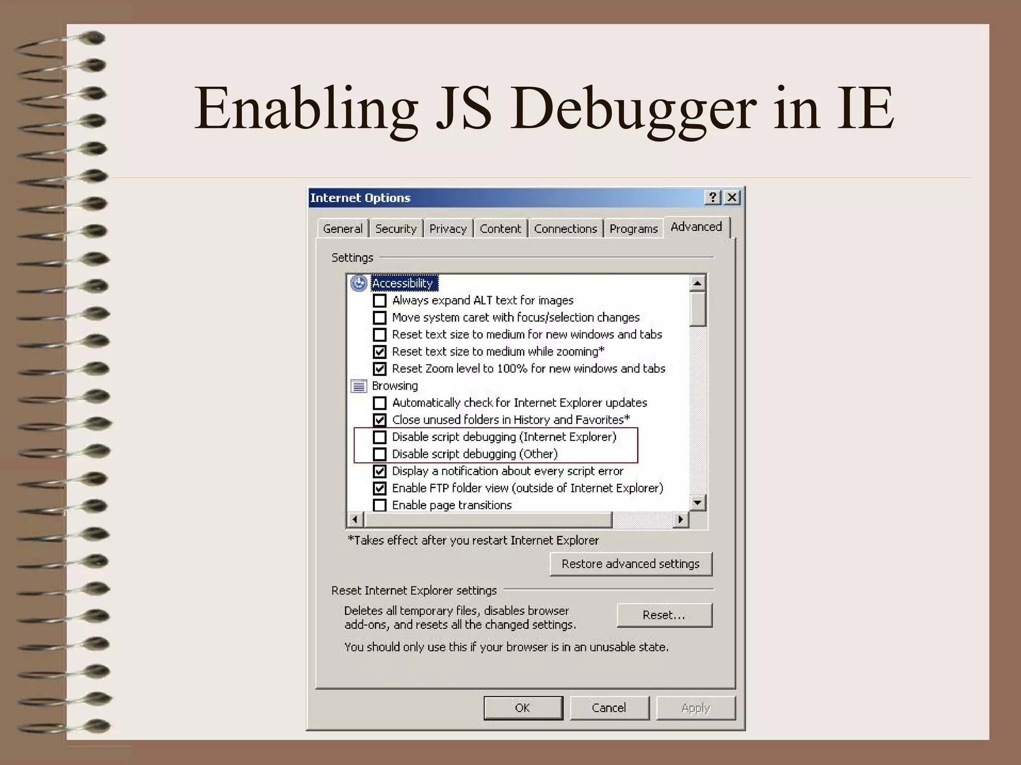 Enabling JS Debugger in IE
 