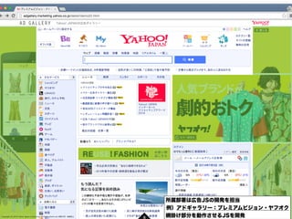 所属部署は広告JSの開発を担当
例）アドギャラリー：プレミアムビジョン・ヤフオク
網掛け部分を動作させるJSを開発Copyright (C) 2015 Yahoo Japan Corporation. All Rights Reserved. ...