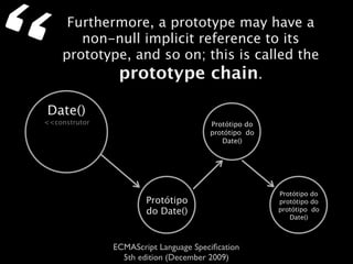 “        Furthermore, a prototype may have a
           non-null implicit reference to its
        prototype, and so on; this is called the
                prototype chain.

    Date()
    <<construtor                           Protótipo do
                                           protótipo do
                                              Date()




                                                          Protótipo do
                           Protótipo                      protótipo do
                           do Date()                      protótipo do
                                                             Date()



                   ECMAScript Language Speciﬁcation
                     5th edition (December 2009)
 