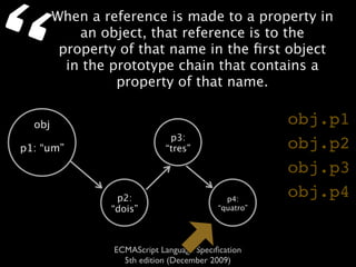 “       When a reference is made to a property in
            an object, that reference is to the
         property of that name in the ﬁrst object
          in the prototype chain that contains a
                  property of that name.


  obj                                                 obj.p1
                              p3:
p1: “um”                     “tres”                   obj.p2
                                                      obj.p3
                 p2:                         p4:
                                                      obj.p4
                “dois”                     “quatro”




                 ECMAScript Language Speciﬁcation
                   5th edition (December 2009)
 
