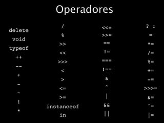 Operadores
             /        <<=   ? :
delete
             %        >>=    =
 void
             >>        ==    *=
typeof
             <<       !=     /=
  ++
            >>>       ===    %=
  --
             <        !==    +=
  +
             >         &     -=
  -
             <=        ^    >>>=
  ~
             >=        |     &=
  !
         instanceof   &&     ˆ=
  *                   ||
             in              |=
 