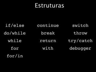 Estruturas


if/else    continue      switch
do/while     break        throw
 while      return      try/catch
  for        with       debugger
 for/in
 