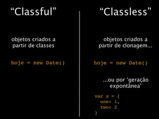 “Classful”           “Classless”

objetos criados a      objetos criados a
partir de classes    partir de clonagem...


hoje = new Date()   hoje = new Date()


                      ...ou por ‘geração
                          expontânea’
                    var x = {
                      one: 1,
                      two: 2
                    }
 
