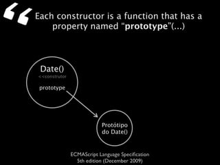 “   Each constructor is a function that has a
        property named “prototype”(...)



     Date()
    <<construtor

     prototype




                               Protótipo
                               do Date()


                   ECMAScript Language Speciﬁcation
                     5th edition (December 2009)
 