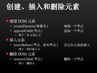 创建 DOM 元素
 • createElement( 标签名 )        创建一个节点
 • appendChild( 节点 )           追加一个节点
   – 例子：为 ul 插入 li
插入元素
 • insertBefore( 节点 , 原有节点 )   在已有元素前插入
   – 例子：倒序插入 li
删除 DOM 元素
 • removeChild( 节点 )           删除一个节点
   – 例子：删除 li
 