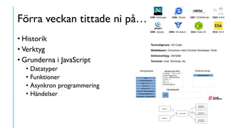 Förra veckan tittade ni på…
• Historik
• Verktyg
• Grunderna i JavaScript
• Datatyper
• Funktioner
• Asynkron programmering
• Händelser
 