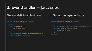2. Eventhandler – JavaScript
Genom definierad funktion Genom anonym funktion
 