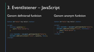 3. Eventlistener – JavaScript
Genom definierad funktion Genom anonym funktion
 
