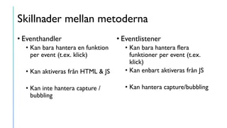 Skillnader mellan metoderna
• Eventhandler
• Kan bara hantera en funktion
per event (t.ex. klick)
• Kan aktiveras från HTML & JS
• Kan inte hantera capture /
bubbling
• Eventlistener
• Kan bara hantera flera
funktioner per event (t.ex.
klick)
• Kan enbart aktiveras från JS
• Kan hantera capture/bubbling
 