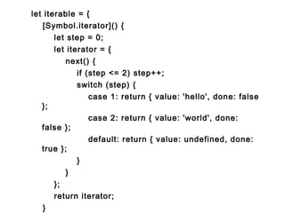 let iterable = {
[Symbol.iterator]() {
let step = 0;
let iterator = {
next() {
if (step <= 2) step++;
switch (step) {
case 1: return { value: 'hello', done: false
};
case 2: return { value: 'world', done:
false };
default: return { value: undefined, done:
true };
}
}
};
return iterator;
}
 