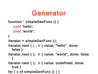 Generator
function * simpleGenFunc () {
yield 'hello';
yield 'world';
}
Iterator = simpleGenFunc ();
Iterator.next ( ) ; // { value: “hello”, done:
false }
Iterator.next ( ); // { value: “world”, done: false
}
Iterator.next ( ); // { value: undefined, done:
true }
for ( x of simpleGenFunc () ) {
 