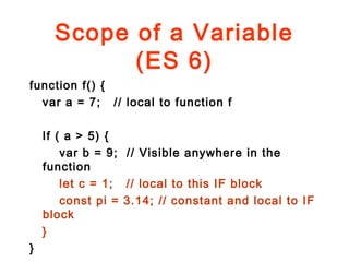 Scope of a Variable
(ES 6)
function f() {
var a = 7; // local to function f
If ( a > 5) {
var b = 9; // Visible anywhere in the
function
let c = 1; // local to this IF block
const pi = 3.14; // constant and local to IF
block
}
}
 