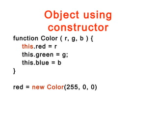 Object using
constructor
function Color ( r, g, b ) {
this.red = r
this.green = g;
this.blue = b
}
red = new Color(255, 0, 0)
 