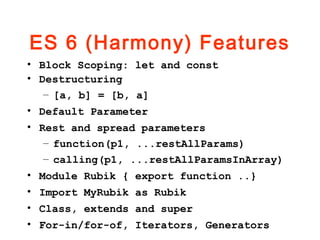 ES 6 (Harmony) Features
• Block Scoping: let and const
• Destructuring
– [a, b] = [b, a]
• Default Parameter
• Rest and spread parameters
– function(p1, ...restAllParams)
– calling(p1, ...restAllParamsInArray)
• Module Rubik { export function ..}
• Import MyRubik as Rubik
• Class, extends and super
• For-in/for-of, Iterators, Generators
 
