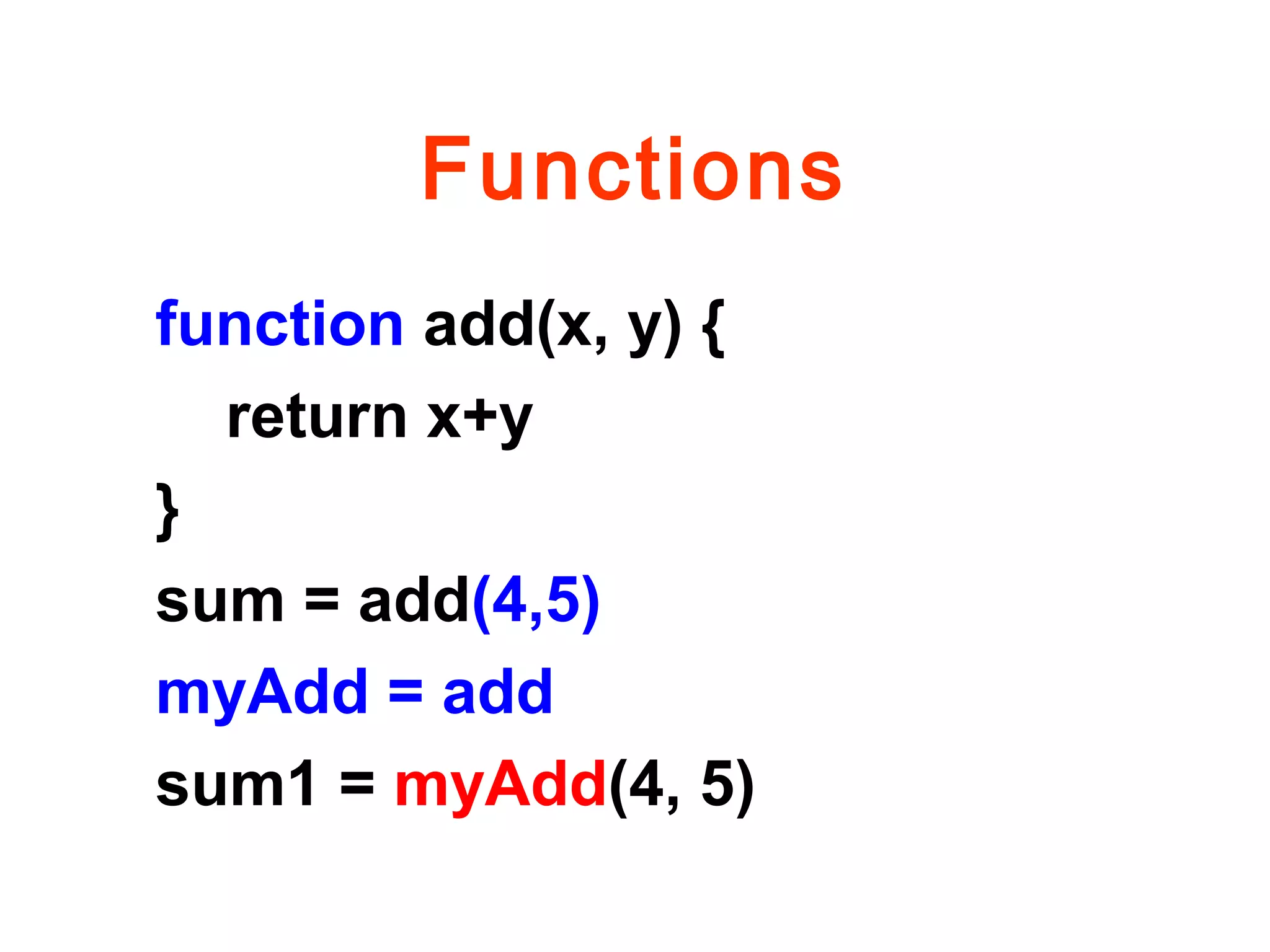 Functions
function add(x, y) {
return x+y
}
sum = add(4,5)
myAdd = add
sum1 = myAdd(4, 5)
 