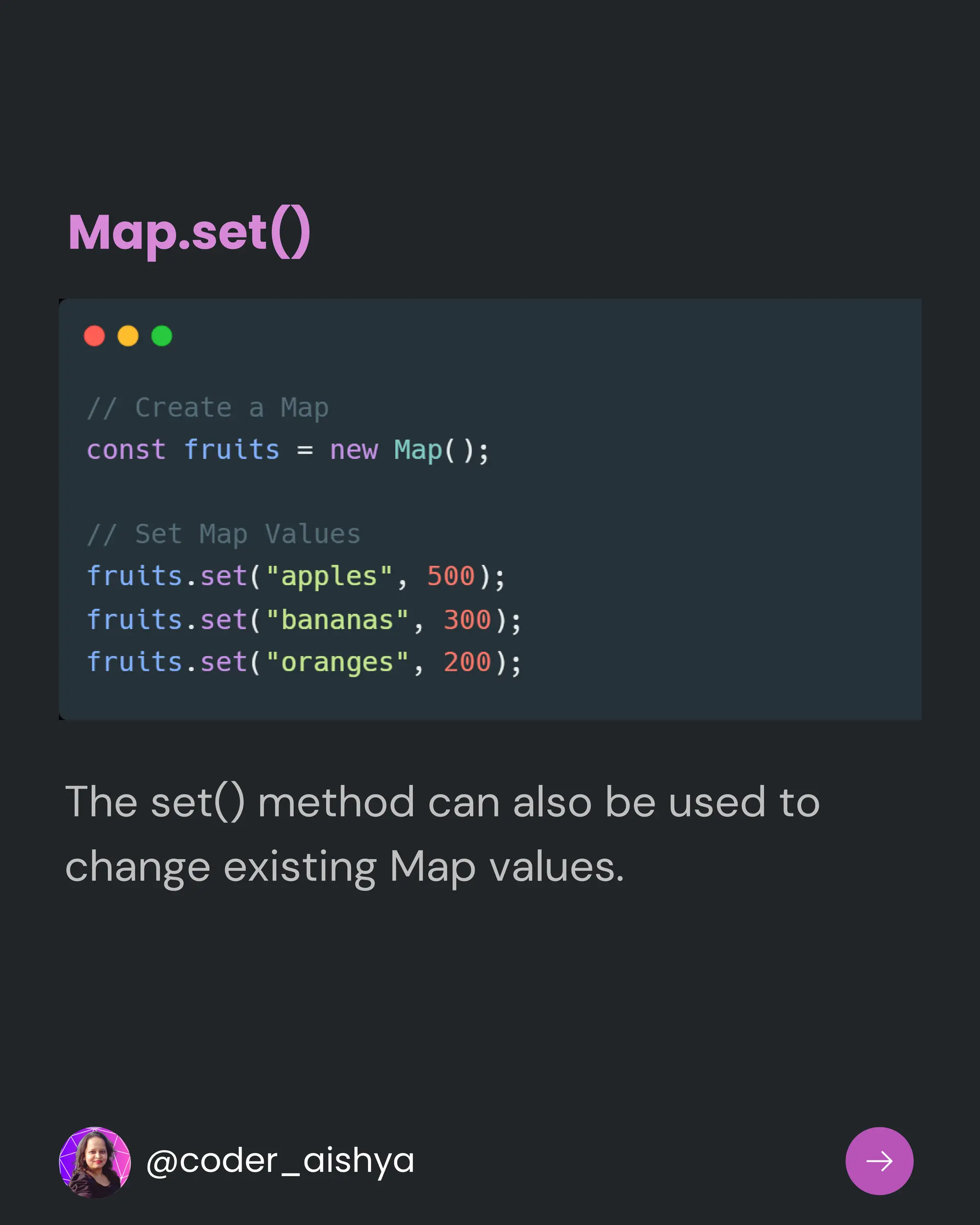 Map.set()
The set() method can also be used to
change existing Map values.
@coder_aishya
 