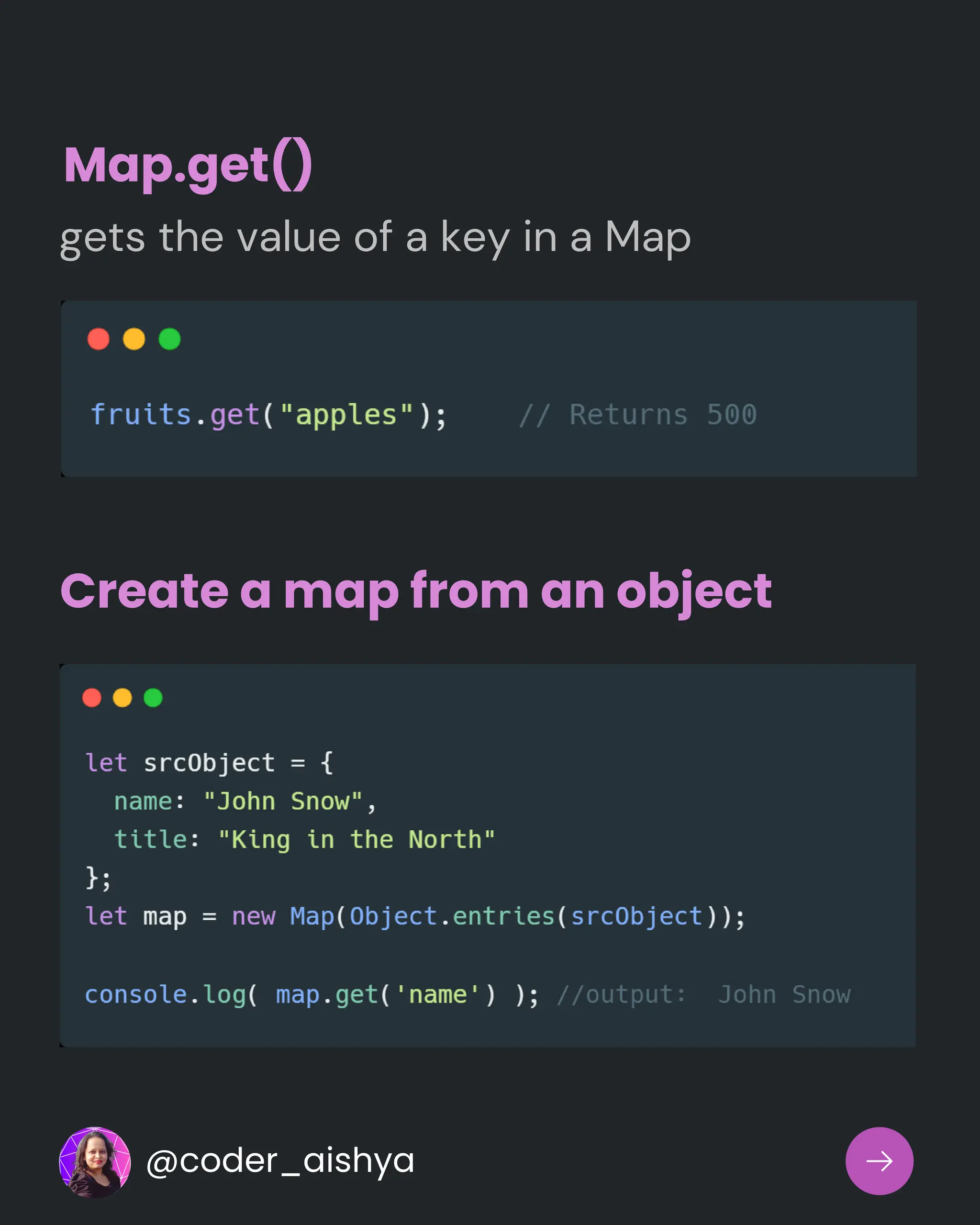 Create a map from an object
Map.get()
gets the value of a key in a Map
@coder_aishya
 